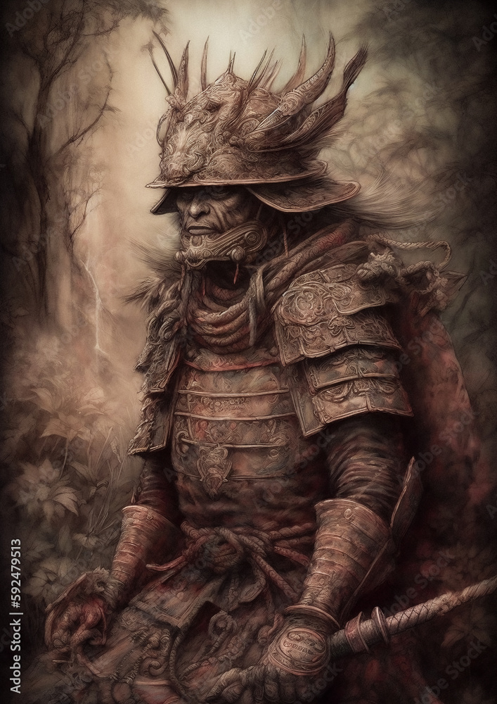 Illustration of a Samurai in a fictional scenery for frame. Japanese character concept art