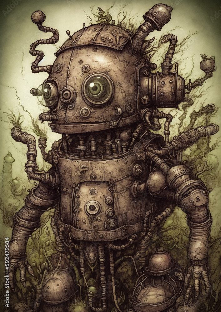 Illustration of a cyber robot in a fictional scenery for frame. Sci fi character concept art Illustration of a cyber robot in a fictional scenery for frame. Sci fi character concept art