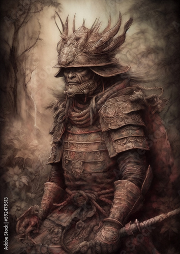 Illustration of a Samurai in a fictional scenery for frame. Japanese character concept art
