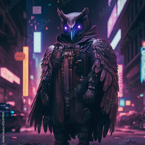 Cyberpunk owl in cyberpunk city f