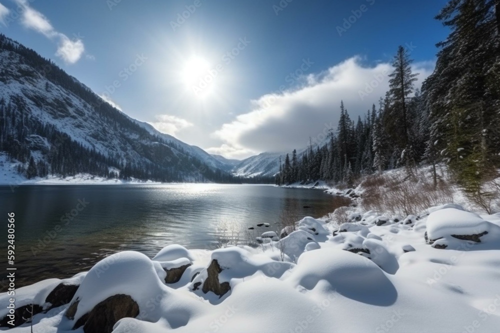 Snowy mountain and lake panorama. Generative AI