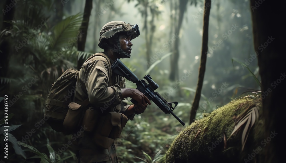 soldier in camouflage with gun in the forest