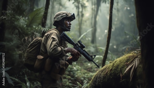 soldier in camouflage with gun in the forest