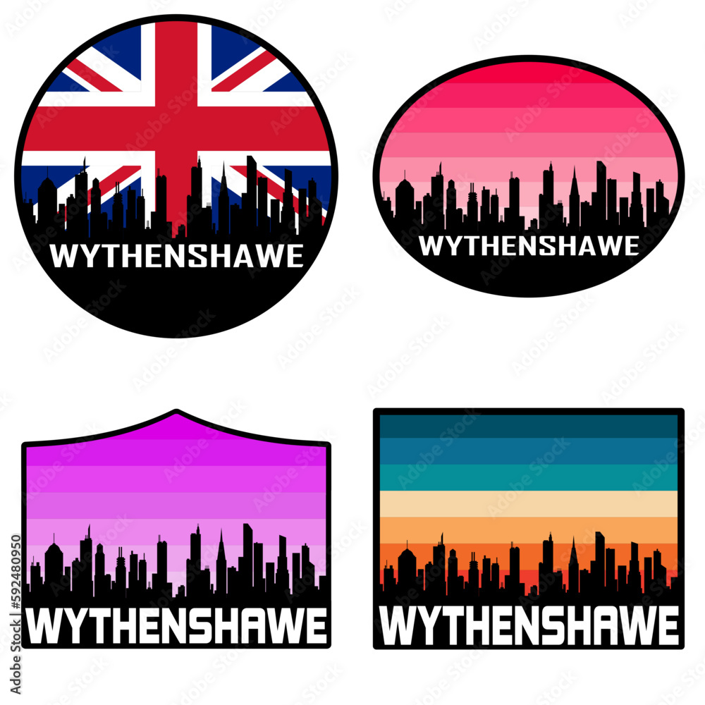 Wythenshawe Skyline Silhouette Uk Flag Travel Souvenir Sticker Sunset Background Vector Illustration SVG EPS AI