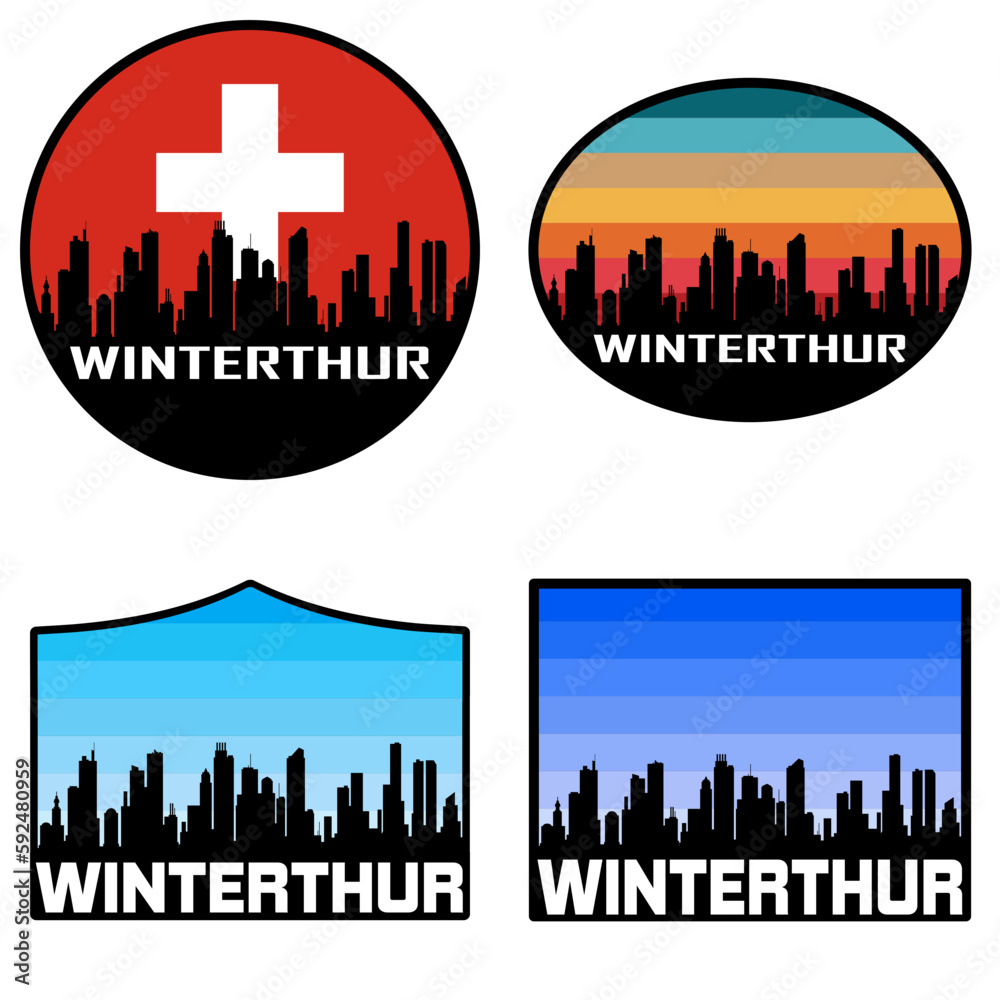 Winterthur Skyline Silhouette Switzerland Flag Travel Souvenir Sticker Sunset Background Vector Illustration SVG EPS AI
