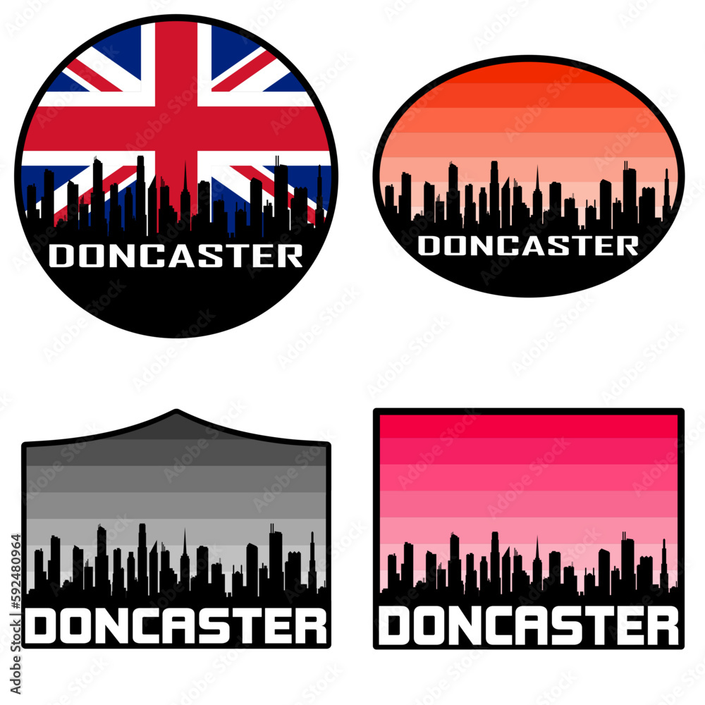 Doncaster Skyline Silhouette Uk Flag Travel Souvenir Sticker Sunset Background Vector Illustration SVG EPS AI