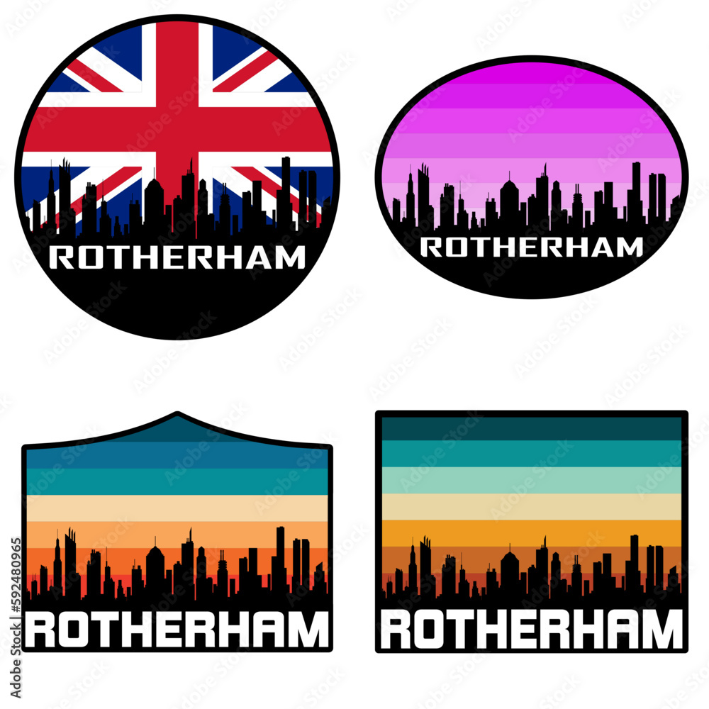 Rotherham Skyline Silhouette Uk Flag Travel Souvenir Sticker Sunset Background Vector Illustration SVG EPS AI