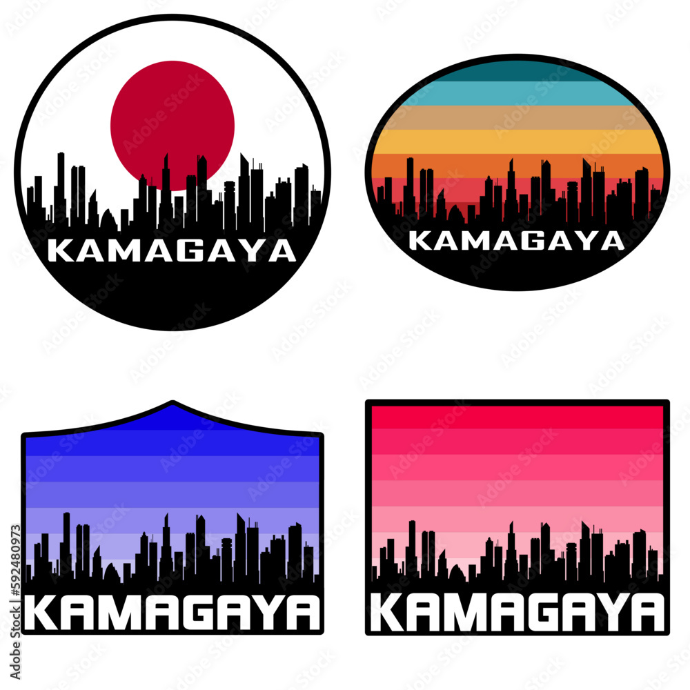 Kamagaya Skyline Silhouette Japan Flag Travel Souvenir Sticker Sunset Background Vector Illustration SVG EPS AI