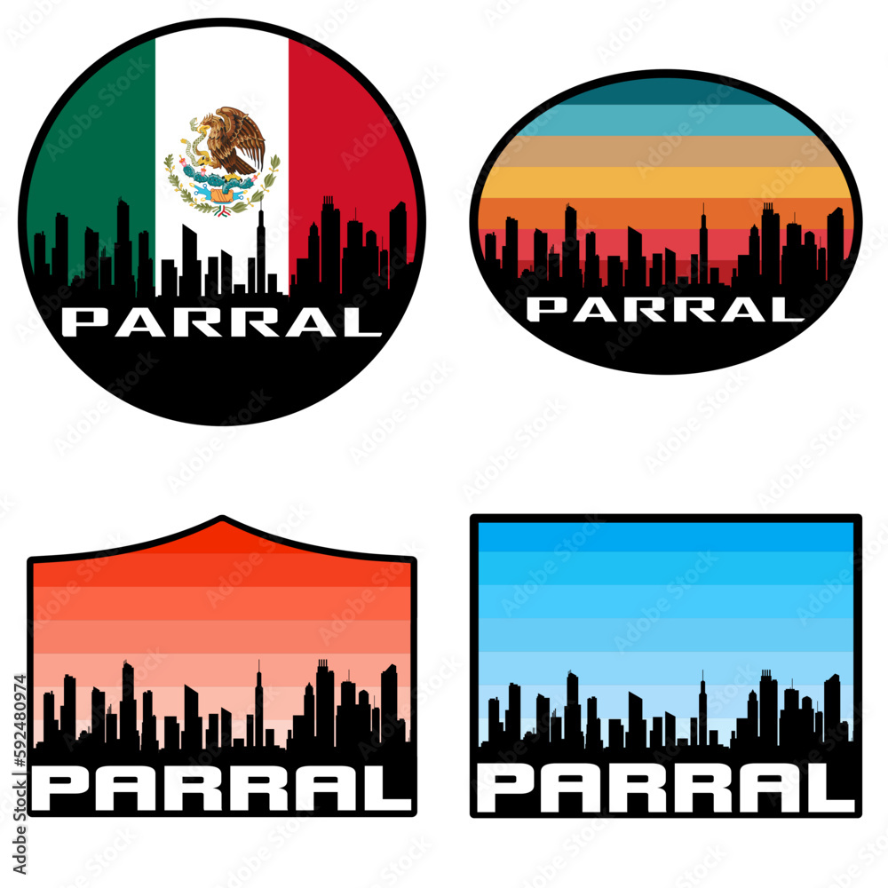 Parral Skyline Silhouette Mexico Flag Travel Souvenir Sticker Sunset Background Vector Illustration SVG EPS AI