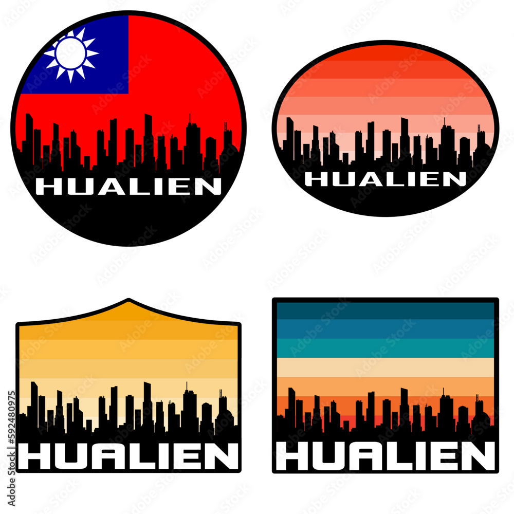 Hualien Skyline Silhouette Taiwan Flag Travel Souvenir Sticker Sunset Background Vector Illustration SVG EPS AI