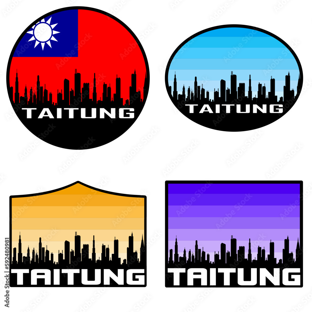 Taitung Skyline Silhouette Taiwan Flag Travel Souvenir Sticker Sunset Background Vector Illustration SVG EPS AI