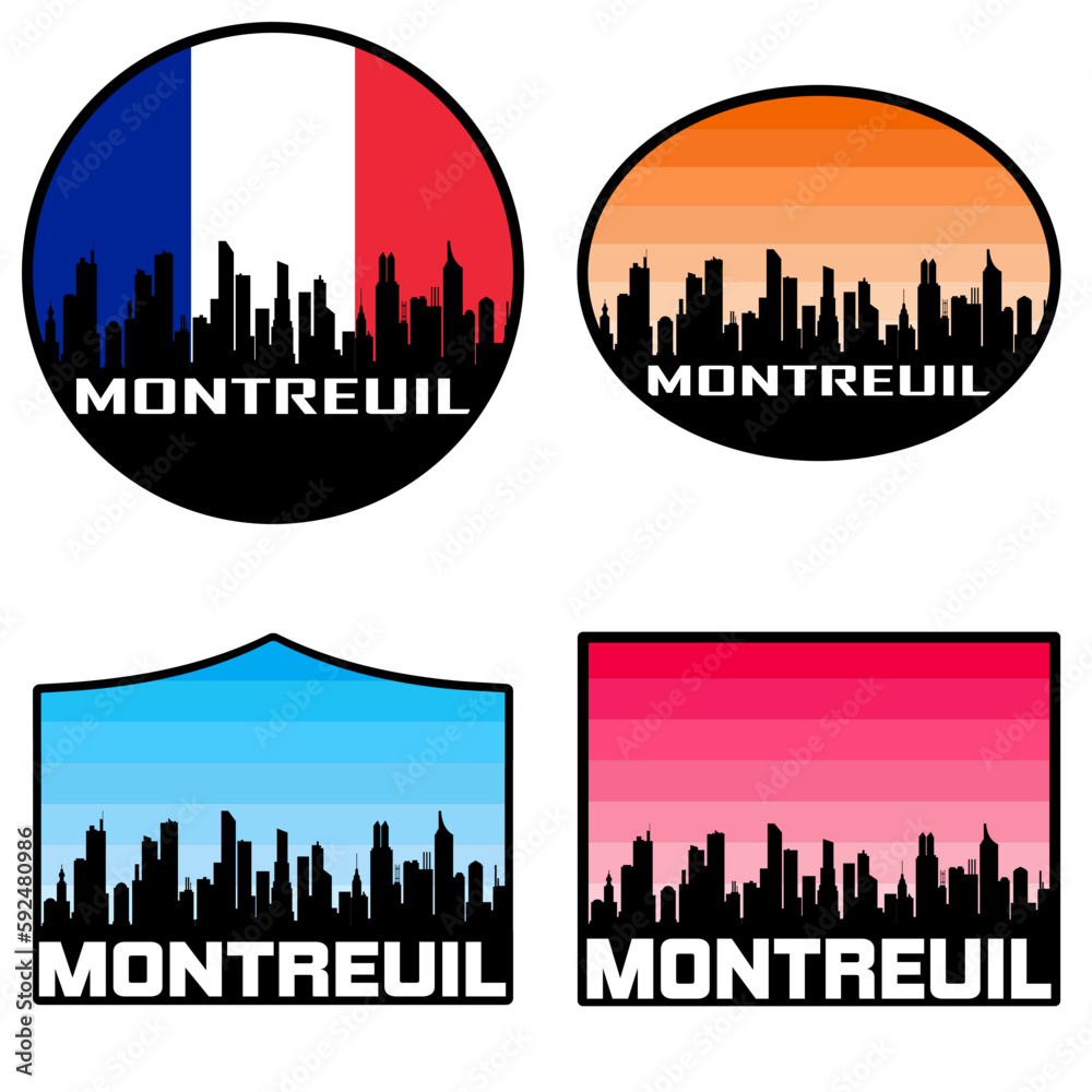 Montreuil Skyline Silhouette France Flag Travel Souvenir Sticker Sunset Background Vector Illustration SVG EPS AI