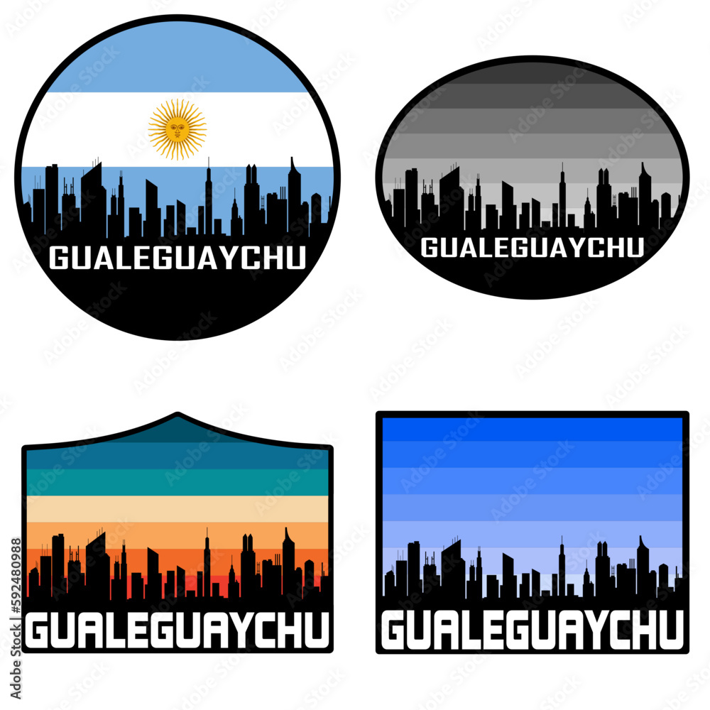 Gualeguaychu Skyline Silhouette Argentina Flag Travel Souvenir Sticker Sunset Background Vector Illustration SVG EPS AI