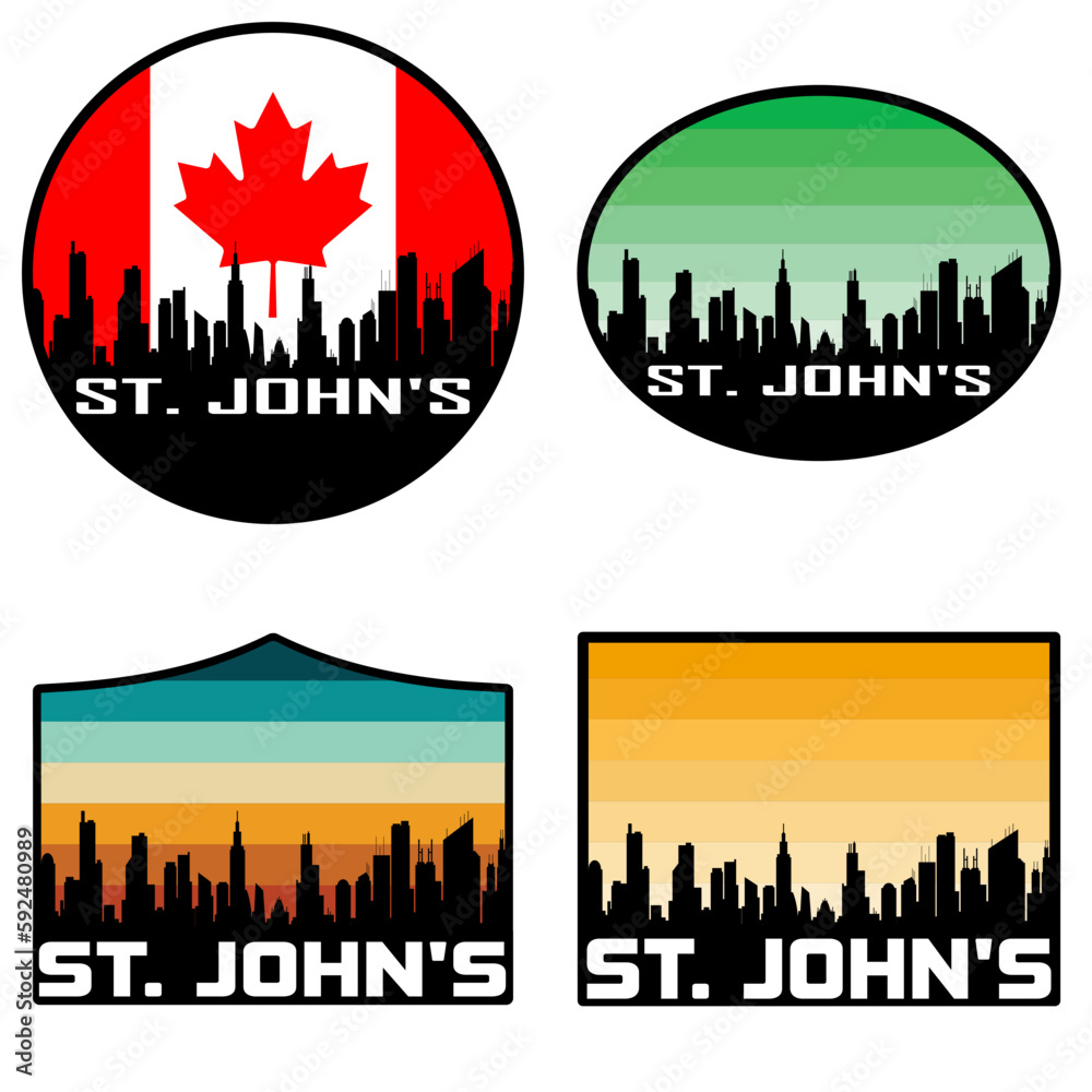 St. John's Skyline Silhouette Canada Flag Travel Souvenir Sticker Sunset Background Vector Illustration SVG EPS AI