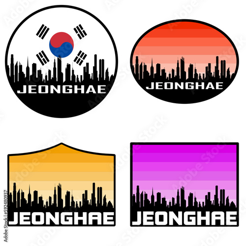 Jeonghae Skyline Silhouette South Korea Flag Travel Souvenir Sticker Sunset Background Vector Illustration SVG EPS AI photo