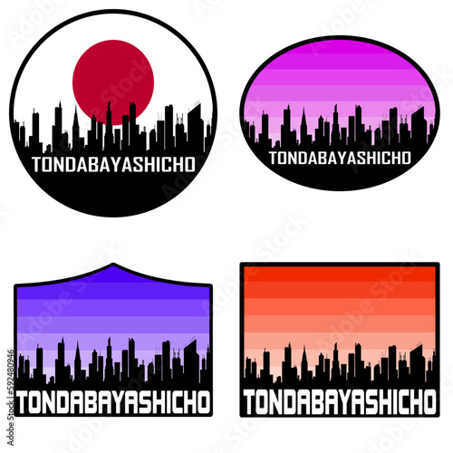 Tondabayashicho Skyline Silhouette Japan Flag Travel Souvenir Sticker Sunset Background Vector Illustration SVG EPS AI