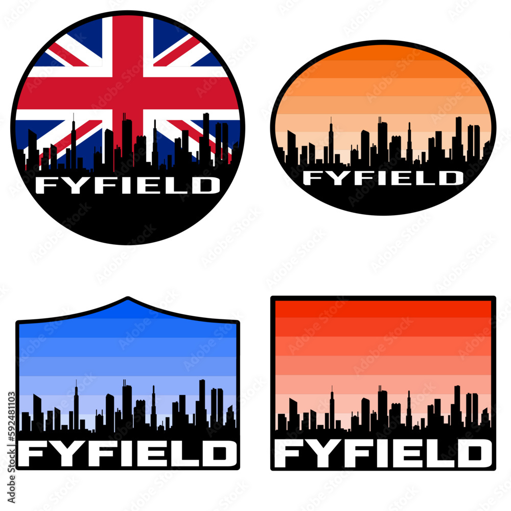 Fyfield Skyline Silhouette Uk Flag Travel Souvenir Sticker Sunset Background Vector Illustration SVG EPS AI