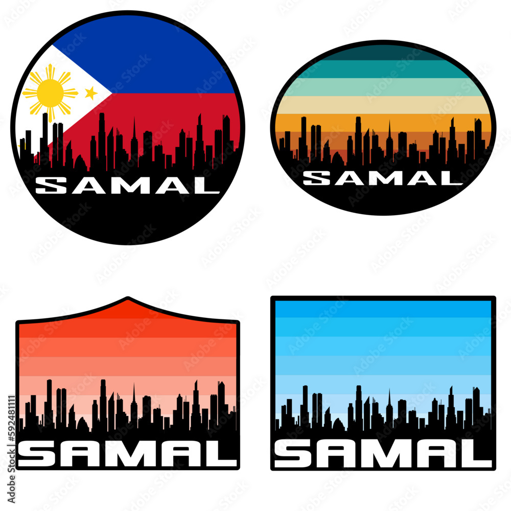 Samal Skyline Silhouette Philippines Flag Travel Souvenir Sticker Sunset Background Vector Illustration SVG EPS AI