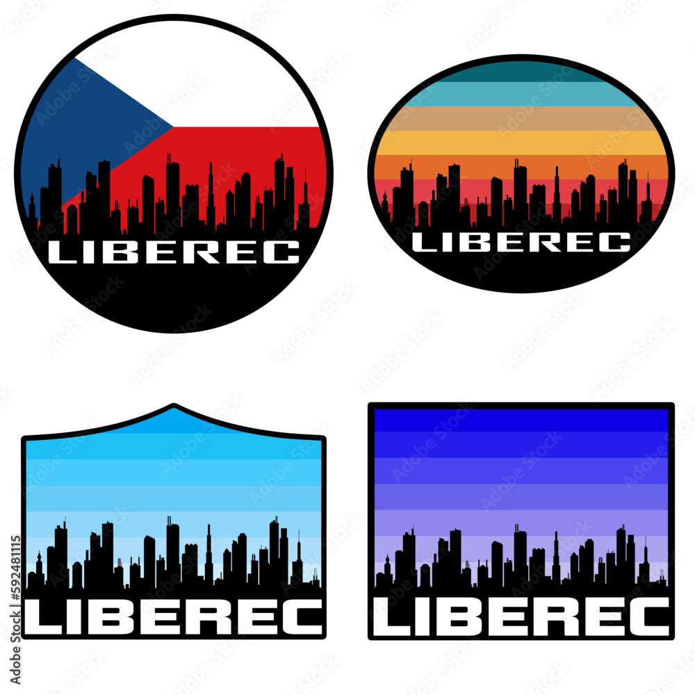 Liberec Skyline Silhouette Czech Flag Travel Souvenir Sticker Sunset Background Vector Illustration SVG EPS AI