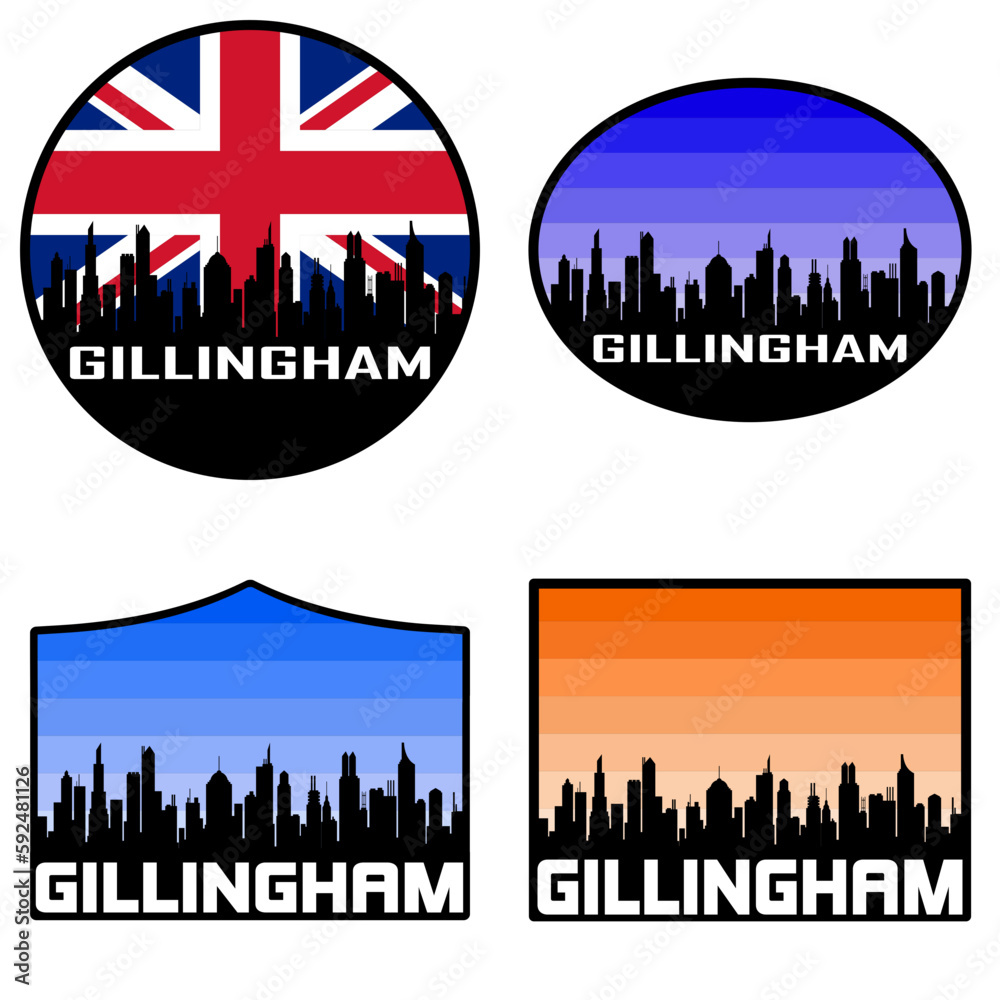 Gillingham Skyline Silhouette Uk Flag Travel Souvenir Sticker Sunset Background Vector Illustration SVG EPS AI