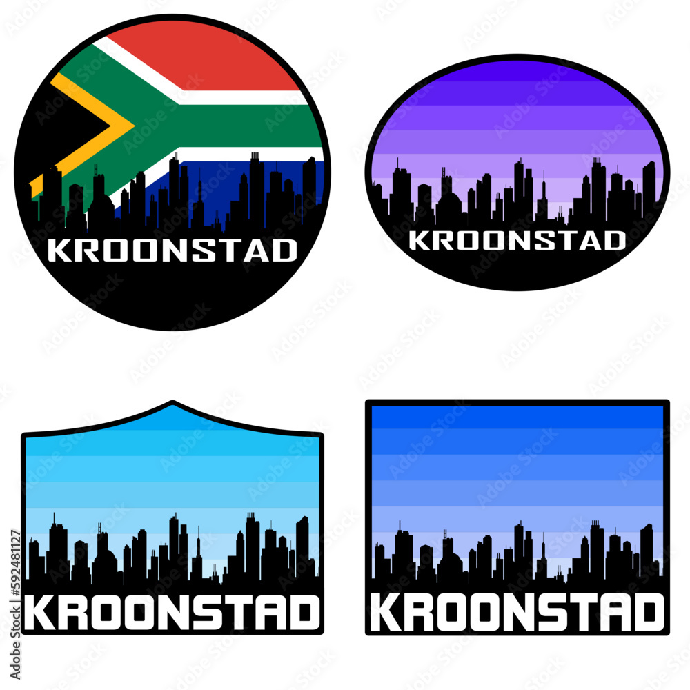 Kroonstad Skyline Silhouette South Africa Flag Travel Souvenir Sticker Sunset Background Vector Illustration SVG EPS AI