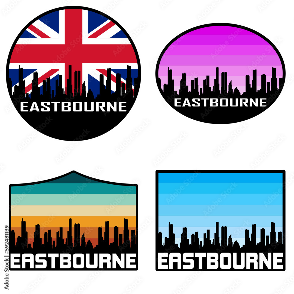 Eastbourne Skyline Silhouette Uk Flag Travel Souvenir Sticker Sunset Background Vector Illustration SVG EPS AI