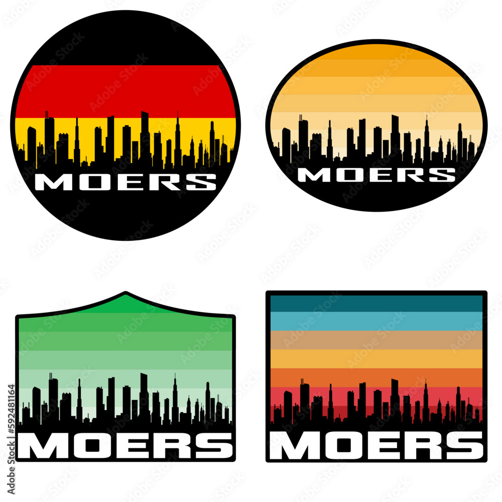 Moers Skyline Silhouette Germany Flag Travel Souvenir Sticker Sunset Background Vector Illustration SVG EPS AI