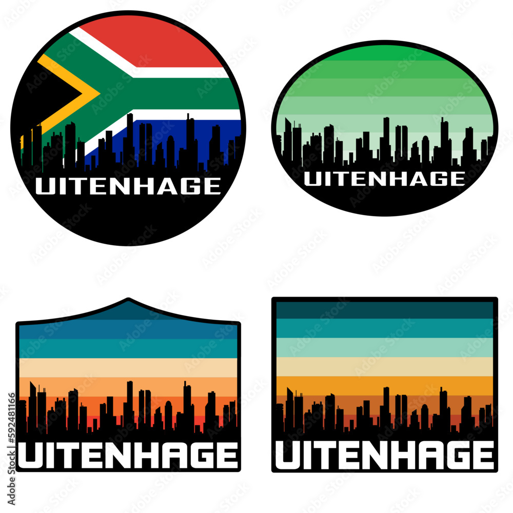 Uitenhage Skyline Silhouette South Africa Flag Travel Souvenir Sticker Sunset Background Vector Illustration SVG EPS AI