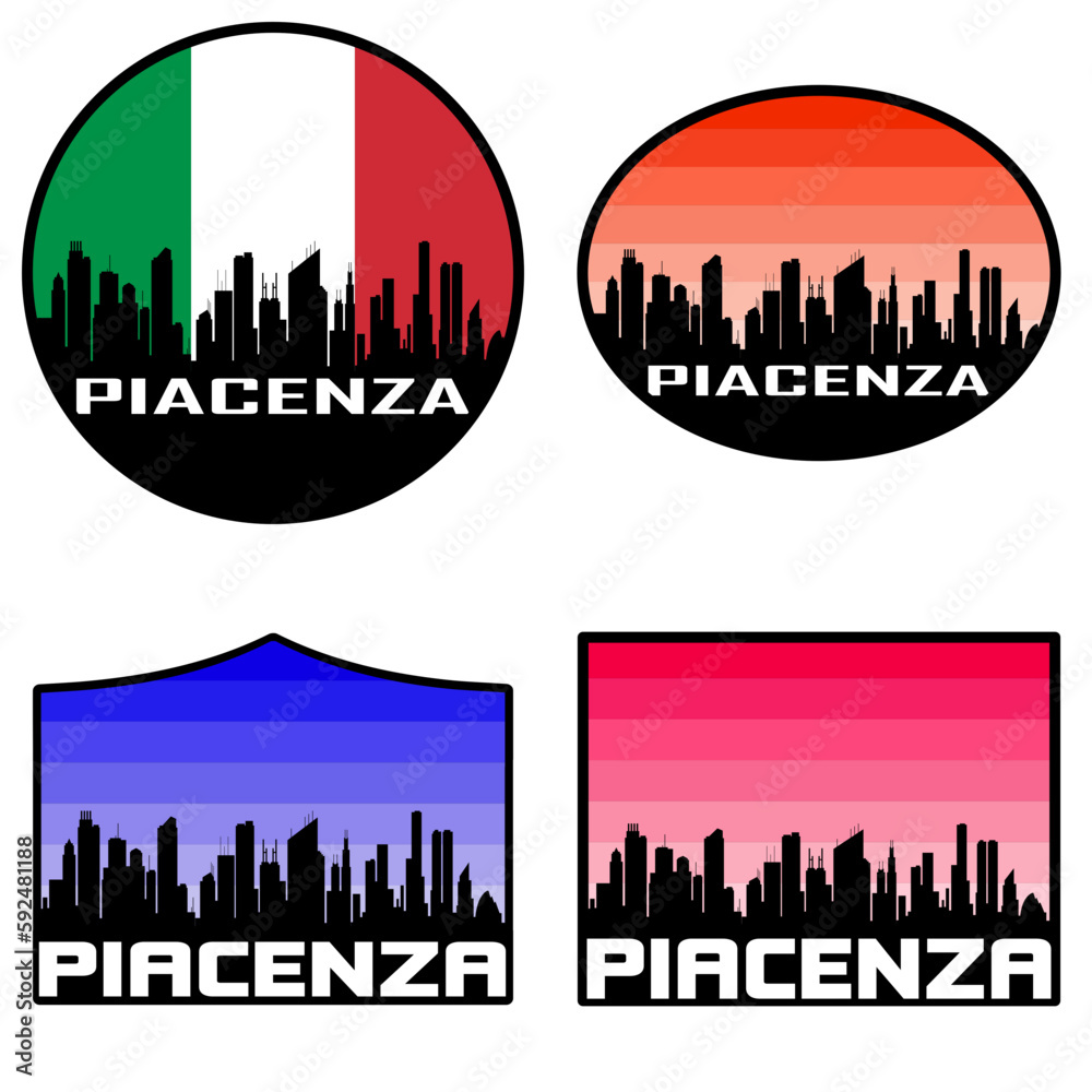 Piacenza Skyline Silhouette Italy Flag Travel Souvenir Sticker Sunset Background Vector Illustration SVG EPS AI