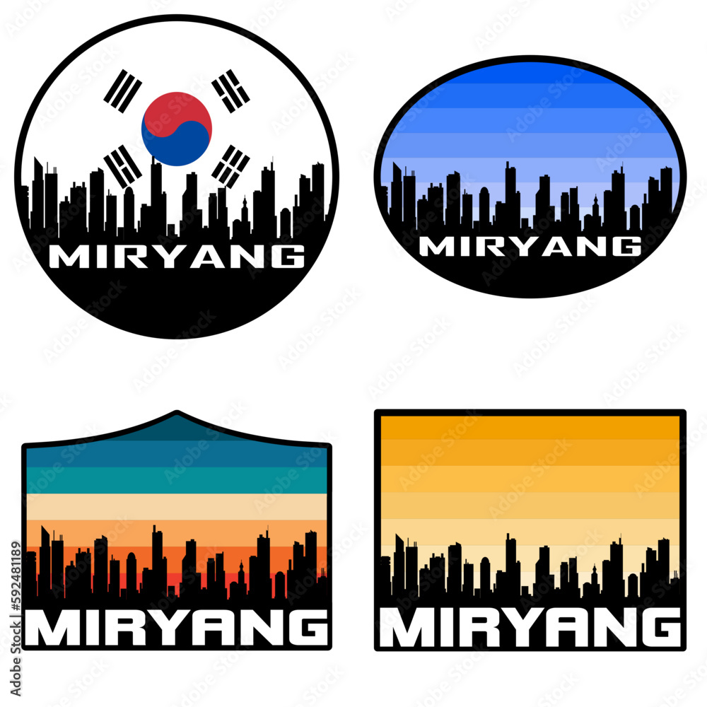 Miryang Skyline Silhouette South Korea Flag Travel Souvenir Sticker Sunset Background Vector Illustration SVG EPS AI