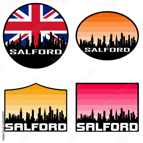 Salford Skyline Silhouette Uk Flag Travel Souvenir Sticker Sunset Background Vector Illustration SVG EPS AI photo