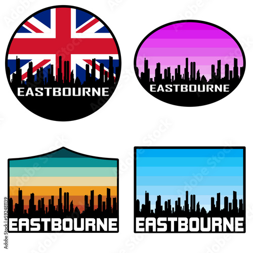 Eastbourne Skyline Silhouette Uk Flag Travel Souvenir Sticker Sunset Background Vector Illustration SVG EPS AI