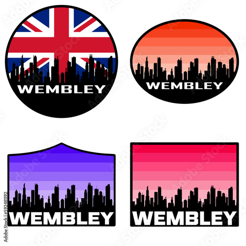 Canvas Print Wembley Skyline Silhouette Uk Flag Travel Souvenir Sticker Sunset Background Vec