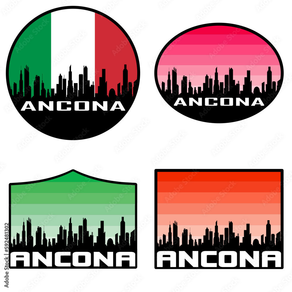 Ancona Skyline Silhouette Italy Flag Travel Souvenir Sticker Sunset Background Vector Illustration SVG EPS AI