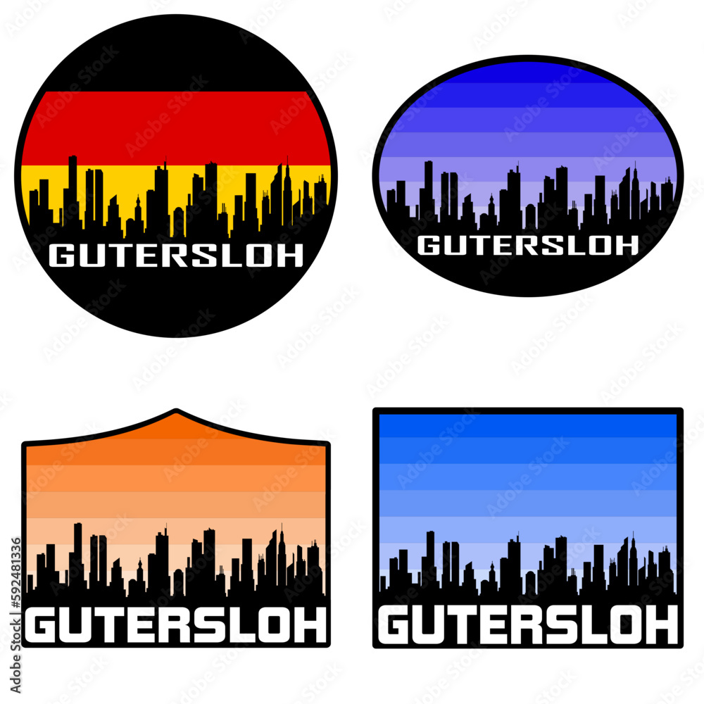 Gutersloh Skyline Silhouette Germany Flag Travel Souvenir Sticker Sunset Background Vector Illustration SVG EPS AI