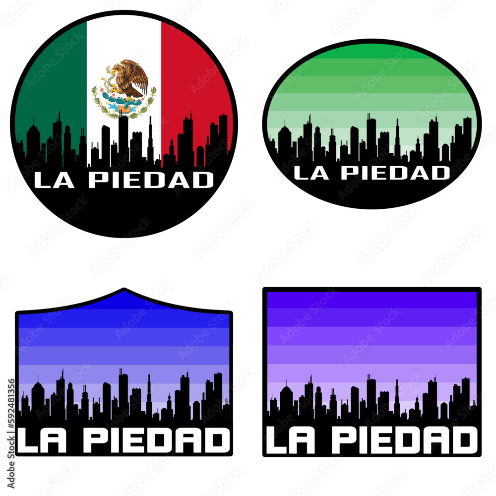 La Piedad Skyline Silhouette Mexico Flag Travel Souvenir Sticker Sunset Background Vector Illustration SVG EPS AI