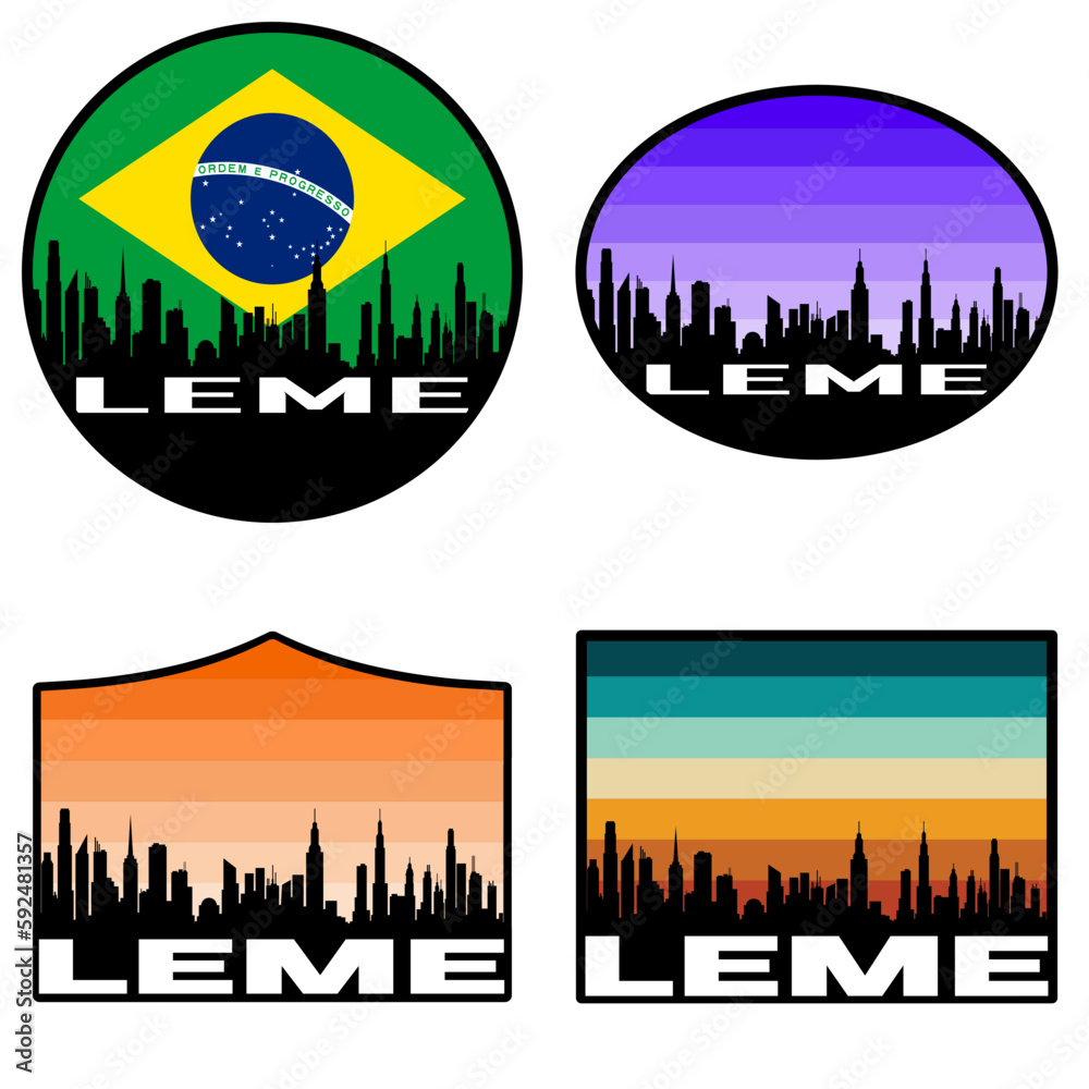 Leme Skyline Silhouette Brazil Flag Travel Souvenir Sticker Sunset Background Vector Illustration SVG EPS AI