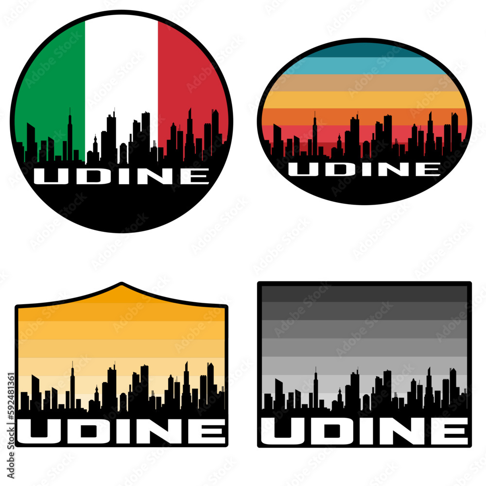 Udine Skyline Silhouette Italy Flag Travel Souvenir Sticker Sunset Background Vector Illustration SVG EPS AI