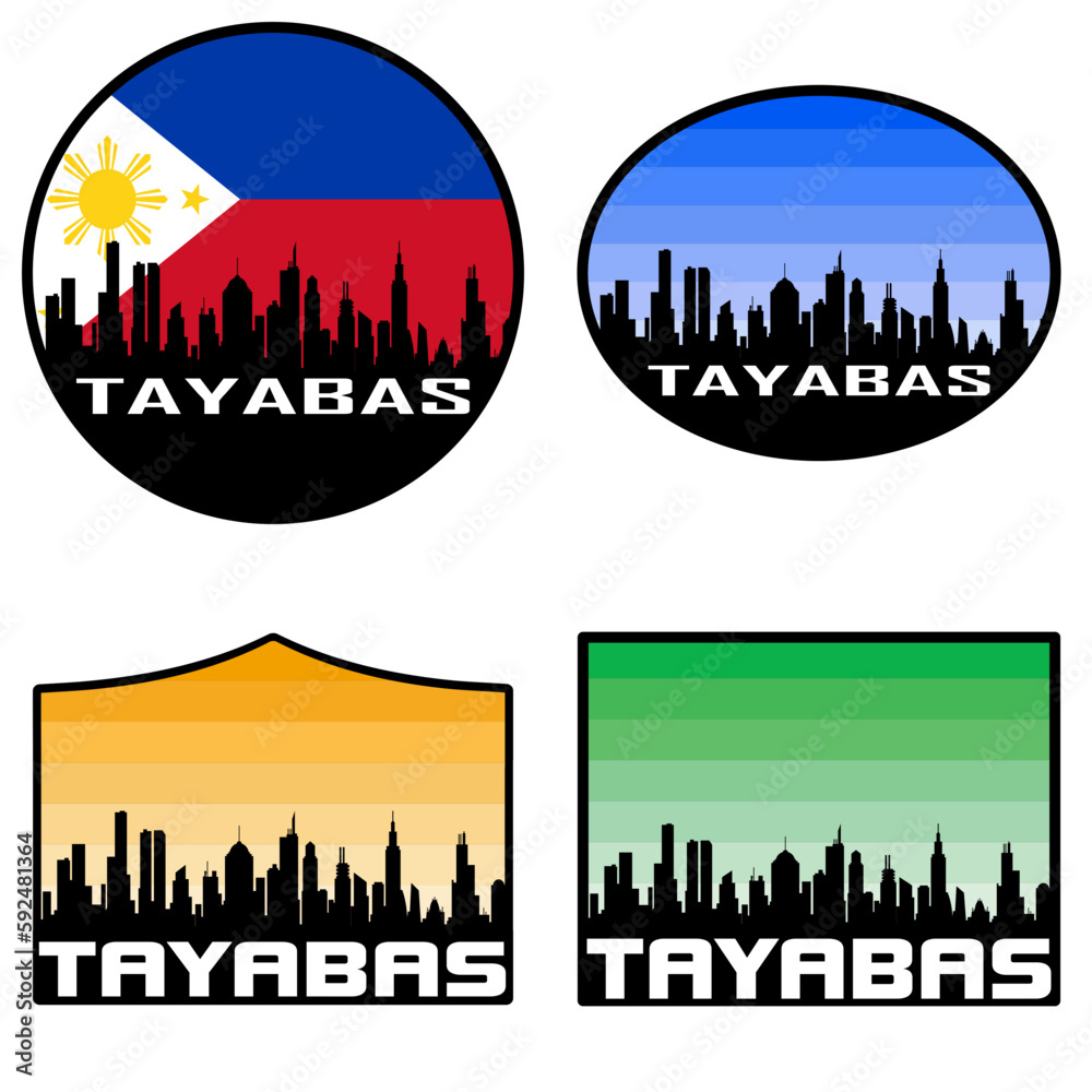 Tayabas Skyline Silhouette Philippines Flag Travel Souvenir Sticker Sunset Background Vector Illustration SVG EPS AI