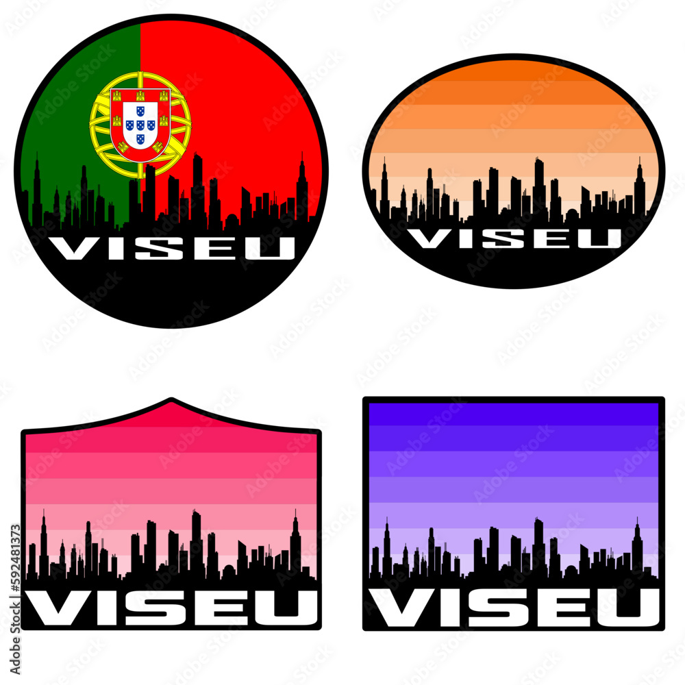 Viseu Skyline Silhouette Portugal Flag Travel Souvenir Sticker Sunset Background Vector Illustration SVG EPS AI - obrazy, fototapety, plakaty 