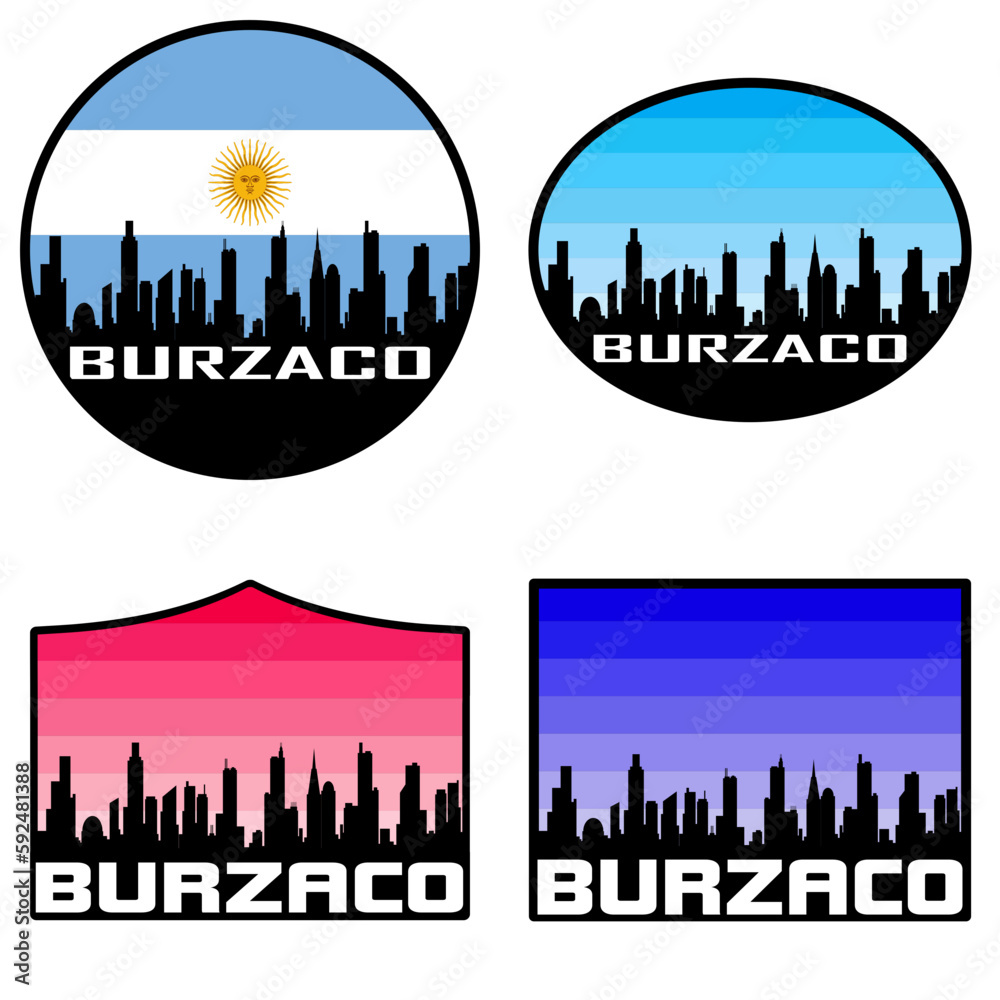 Burzaco Skyline Silhouette Argentina Flag Travel Souvenir Sticker Sunset Background Vector Illustration SVG EPS AI