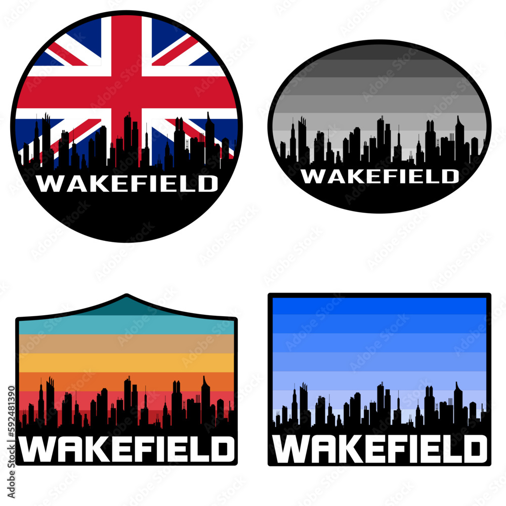 Wakefield Skyline Silhouette Uk Flag Travel Souvenir Sticker Sunset Background Vector Illustration SVG EPS AI