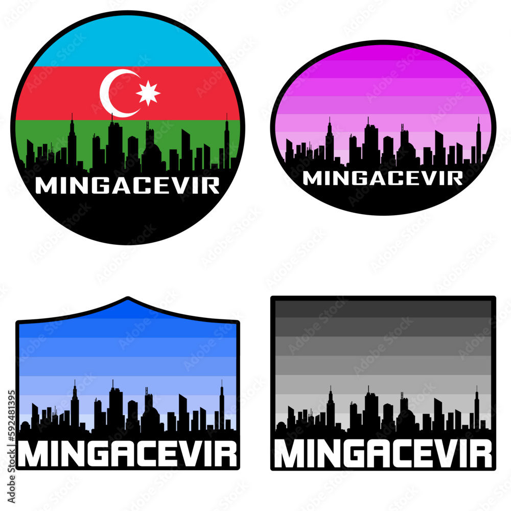 Mingacevir Skyline Silhouette Azerbaijan Flag Travel Souvenir Sticker Sunset Background Vector Illustration SVG EPS AI