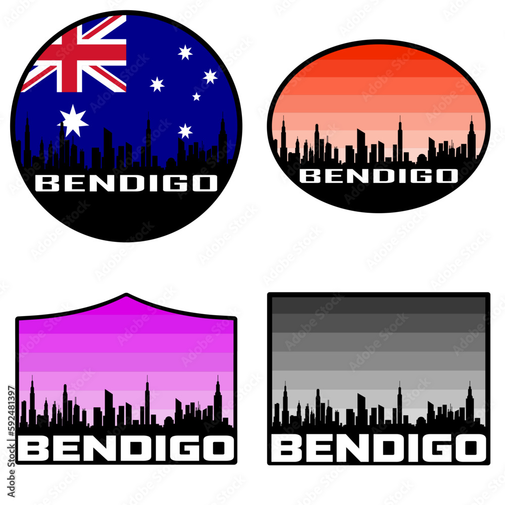 Bendigo Skyline Silhouette Australia Flag Travel Souvenir Sticker Sunset Background Vector Illustration SVG EPS AI