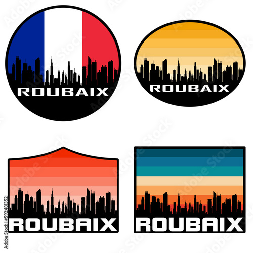 Roubaix Skyline Silhouette France Flag Travel Souvenir Sticker Sunset Background Vector Illustration SVG EPS AI photo