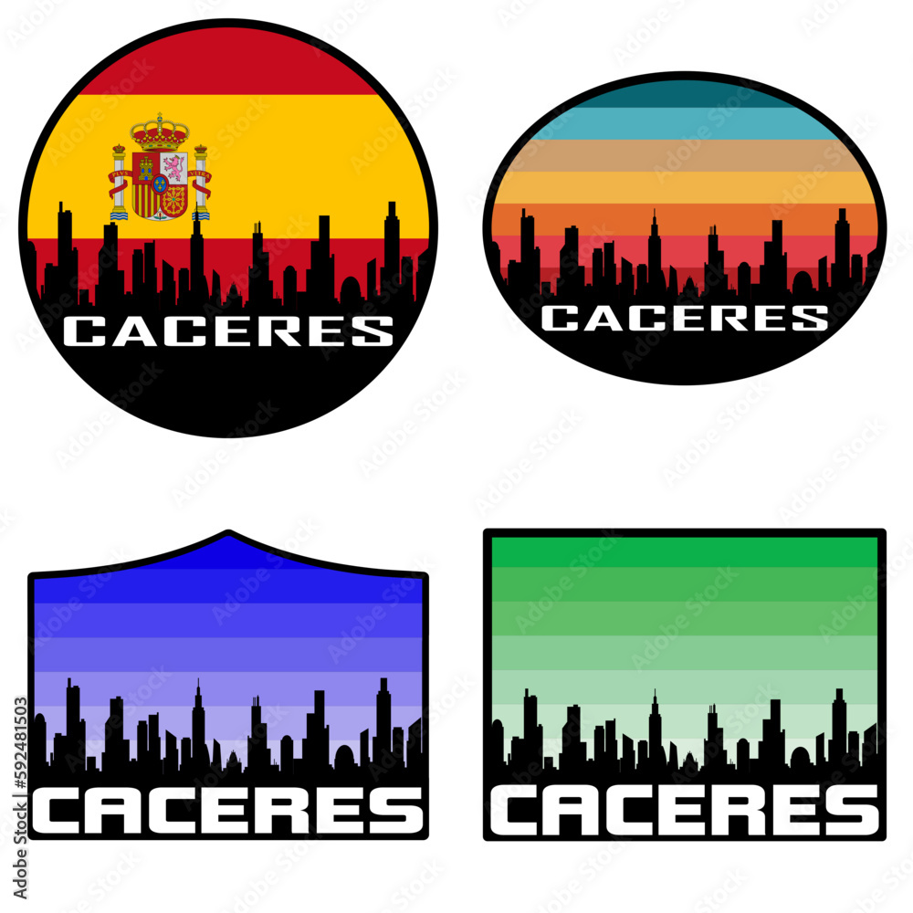 Caceres Skyline Silhouette Spain Flag Travel Souvenir Sticker Sunset Background Vector Illustration SVG EPS AI