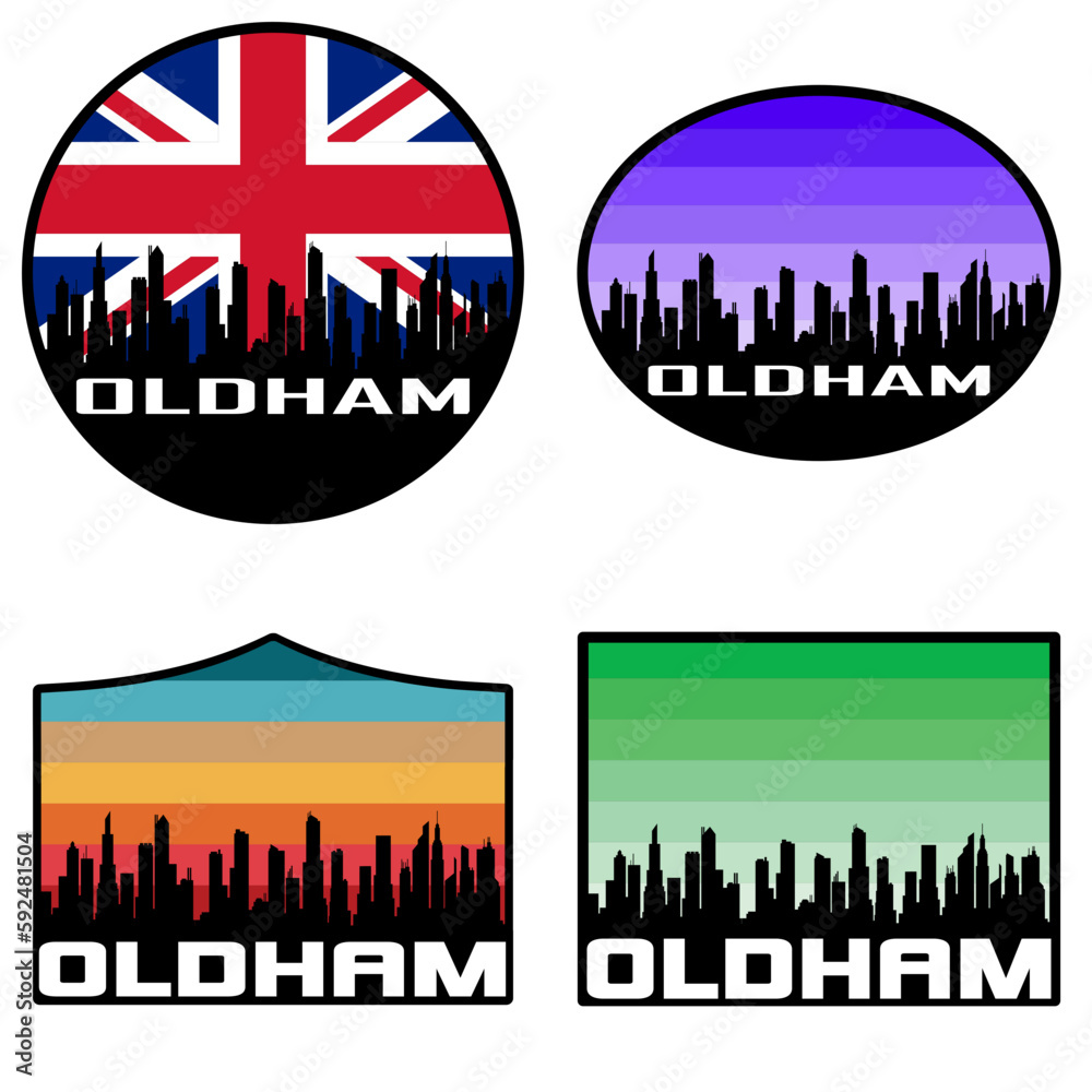 Oldham Skyline Silhouette Uk Flag Travel Souvenir Sticker Sunset Background Vector Illustration SVG EPS AI