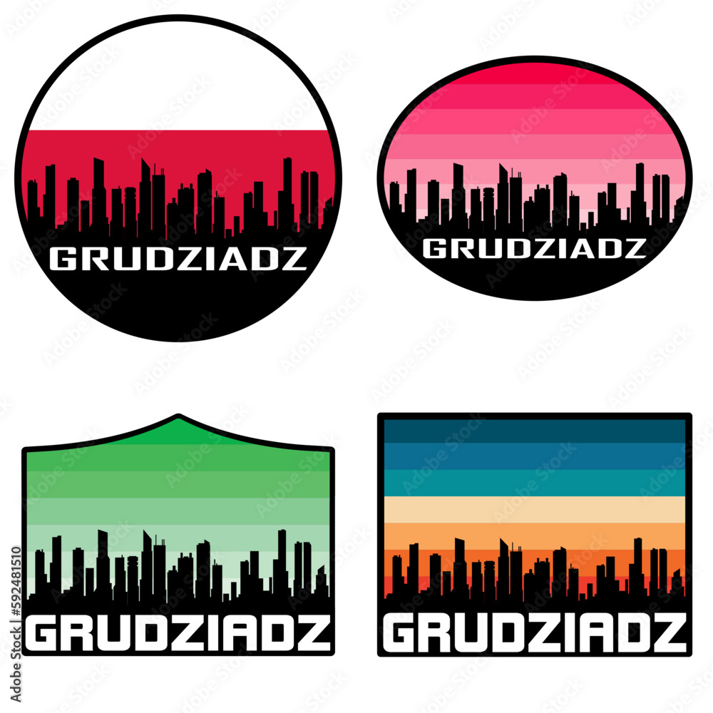 Grudziadz Skyline Silhouette Poland Flag Travel Souvenir Sticker Sunset Background Vector Illustration SVG EPS AI