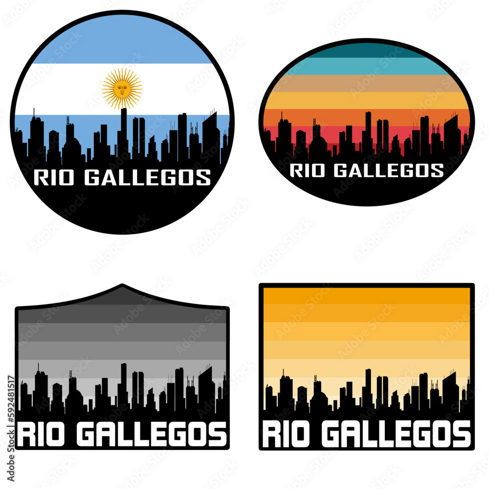 Rio Gallegos Skyline Silhouette Argentina Flag Travel Souvenir Sticker Sunset Background Vector Illustration SVG EPS AI