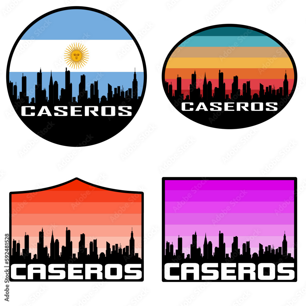 Caseros Skyline Silhouette Argentina Flag Travel Souvenir Sticker Sunset Background Vector Illustration SVG EPS AI